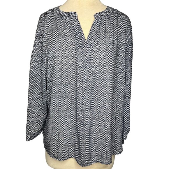 Anne Carson women’s one X blouse blue & white plaid button front V-neck 3/4 slee - Picture 1 of 11